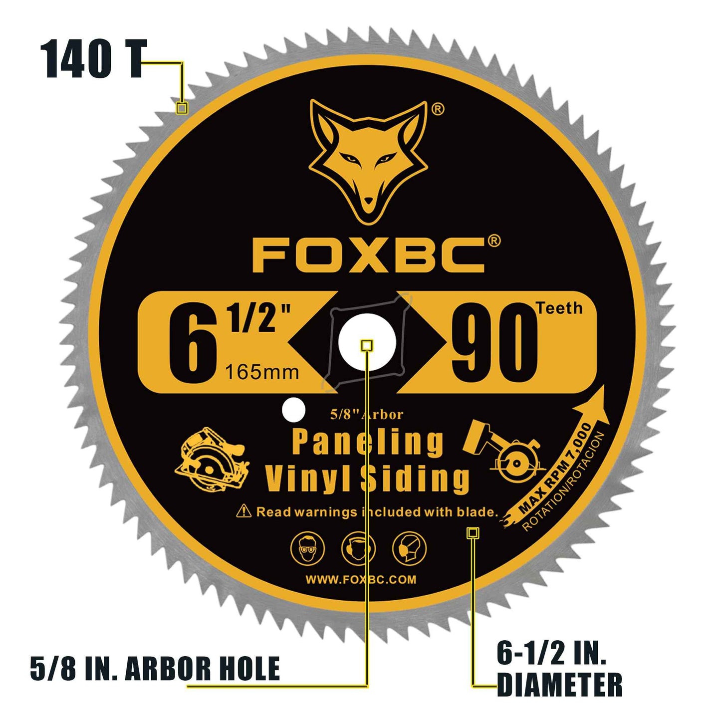FOXBC 6-1/2 Inch 90 Tooth Circular Saw Blade for Paneling and Vinyl Siding Wood Cutting with 5/8-Inch Diamond Arbor