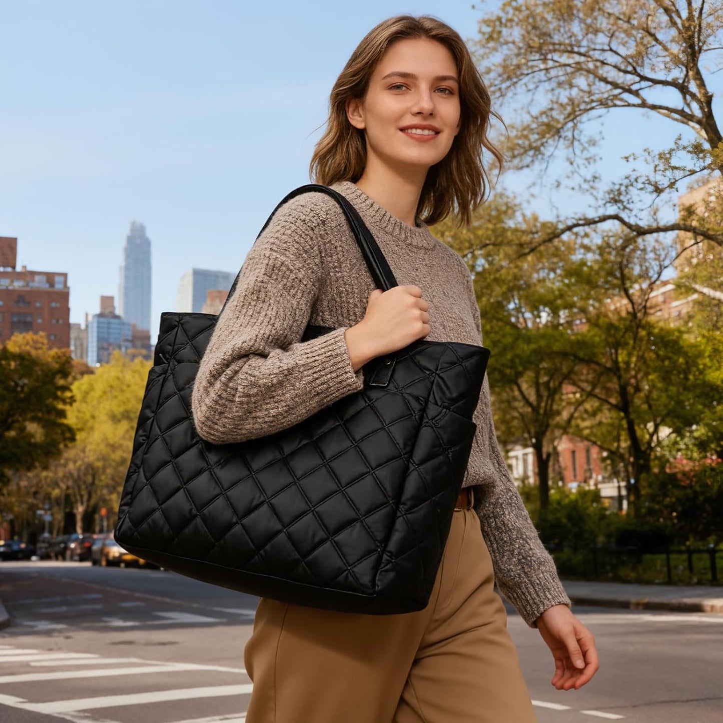 Skiennix Tote Bag for Women - Lightweight Quilted Handbag with Zippered Compartments | Perfect for Work, Travel, Gym