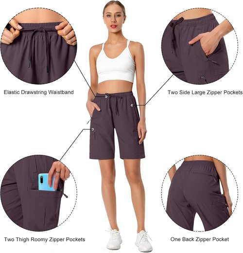 Hugut Women's Hiking Cargo Shorts - Quick Dry Athletic Shorts with Zipper Pockets | Water Resistant, Lightweight