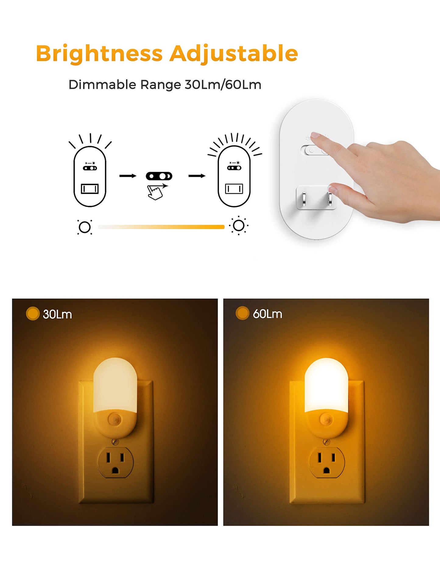 Amber Night Light, 2 Pack, LOHAS Amber Night Lights Plug into Wall Motion Sensor, 0.6W 2000K, LED Night Light, 30/60LM Adjustable Brightness, Automatic Low Blue Night Light for Kids, Bathroom, Hallway