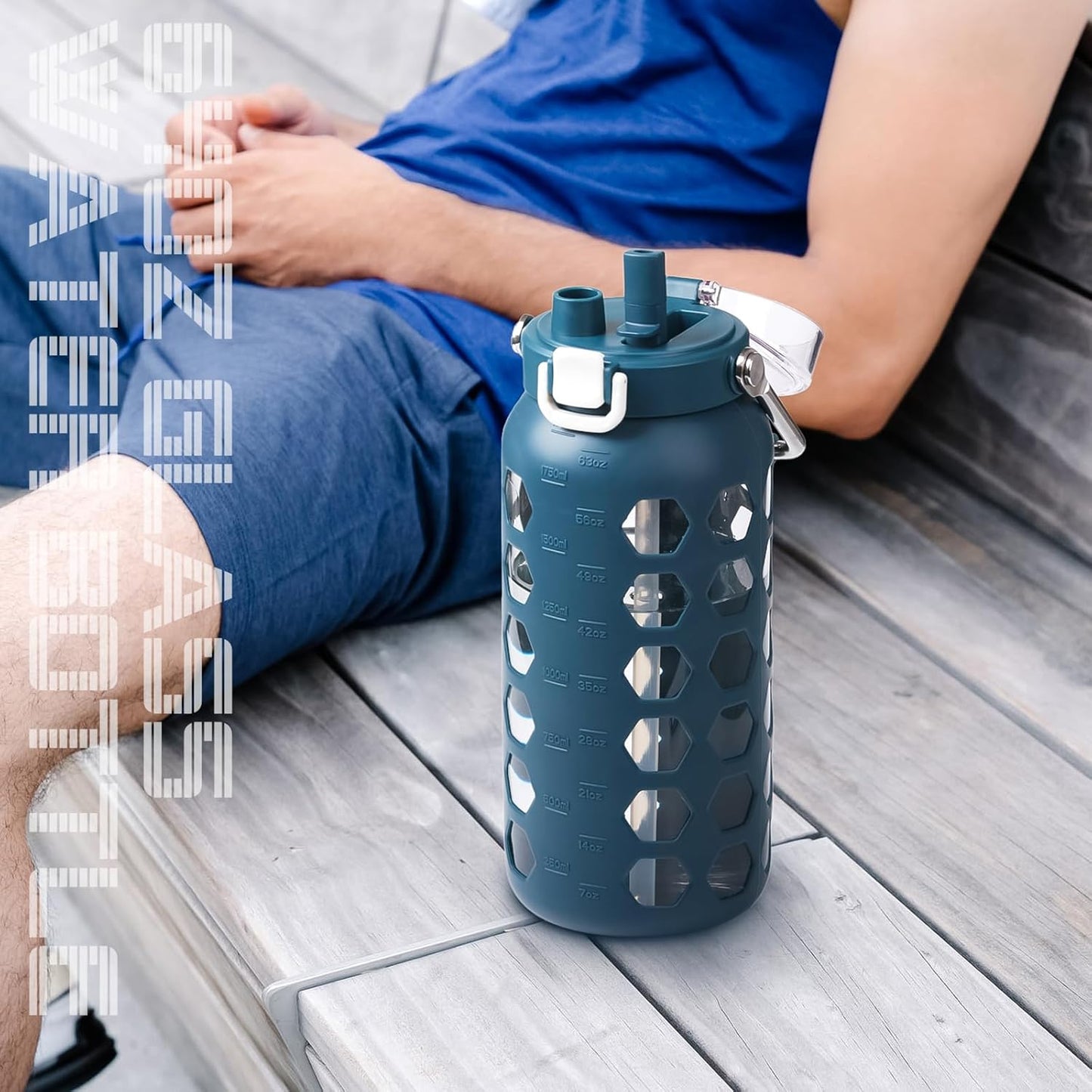 MUKOKO 64oz Glass Water Bottle - Half Gallon with Straw, Time Marker & Silicone Sleeve | Blue