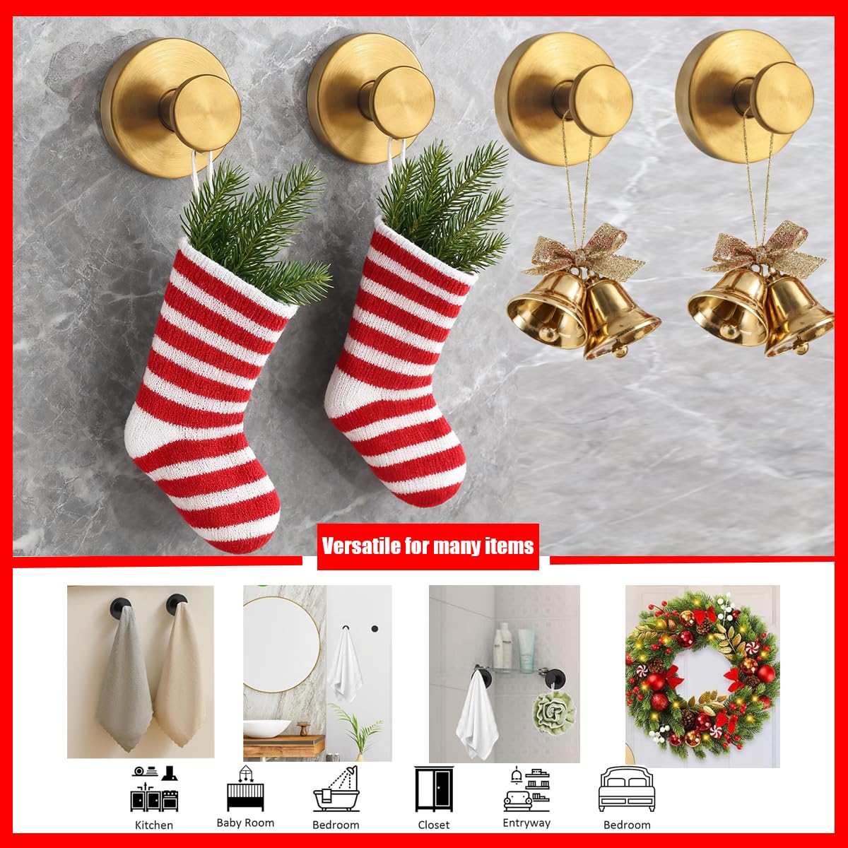 Suction Cup Hooks for Wreaths, 2025 New No Drill Suction Cup Hooks for Shower Hanging Towels, Wreath Hanger for Front Door, Holder for Glass Window Door Bathroom Mirrors (2pcs, Gold)