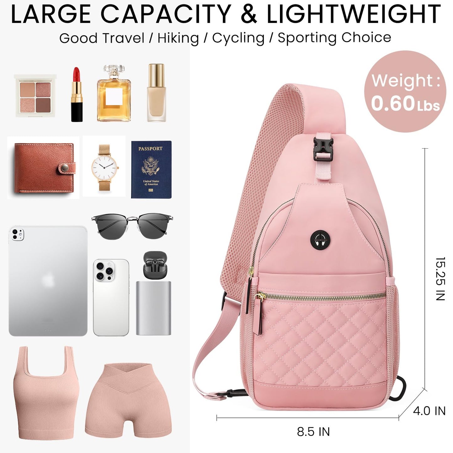 Vankor Large Crossbody Purses Bags for Women Men Travel, Chest Sling Bag Women Casual Cross Body Bag for Woman Sling Backpack PInk