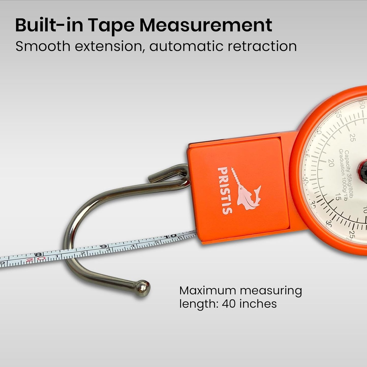 Pristis Fishing Hanging Scale - 80 LBs Analog Spring Hook Scale with Tape Measure & Non-Slip Handle