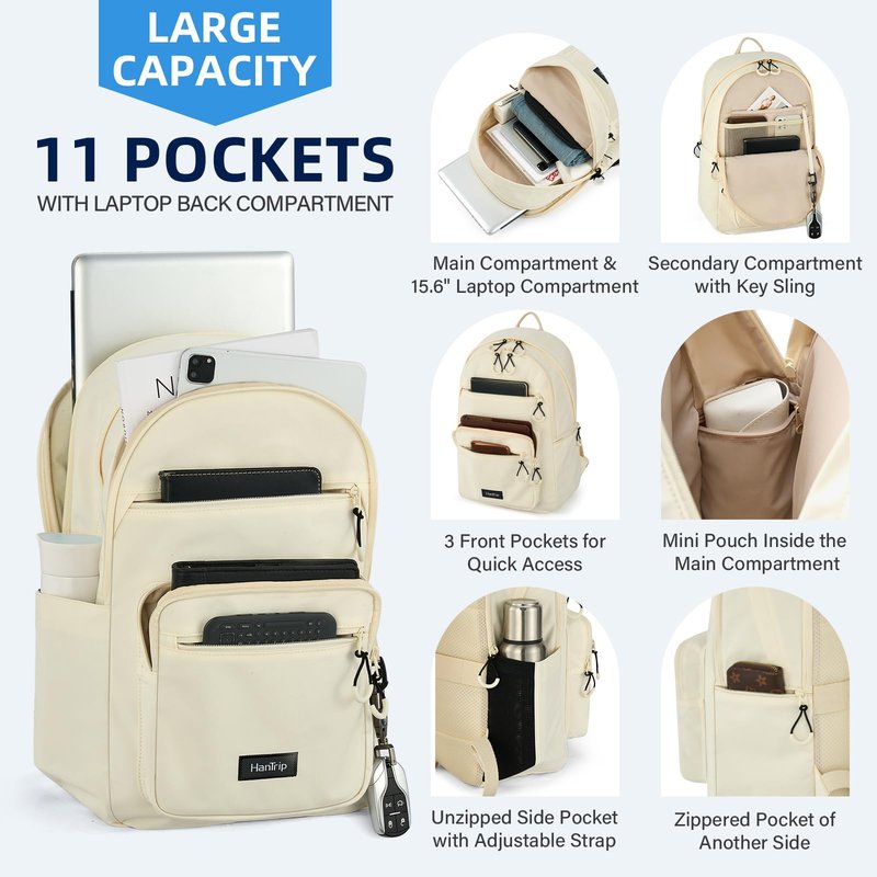 HanTrip Carry On Travel Backpack For Women, 18 Inch Water Resistant Large Backpack Lightweight Bookbag For Men, 8x14x18 Personal Item Bag Casual Daypack Backpacks For Work Office Commuter (Offwhite)