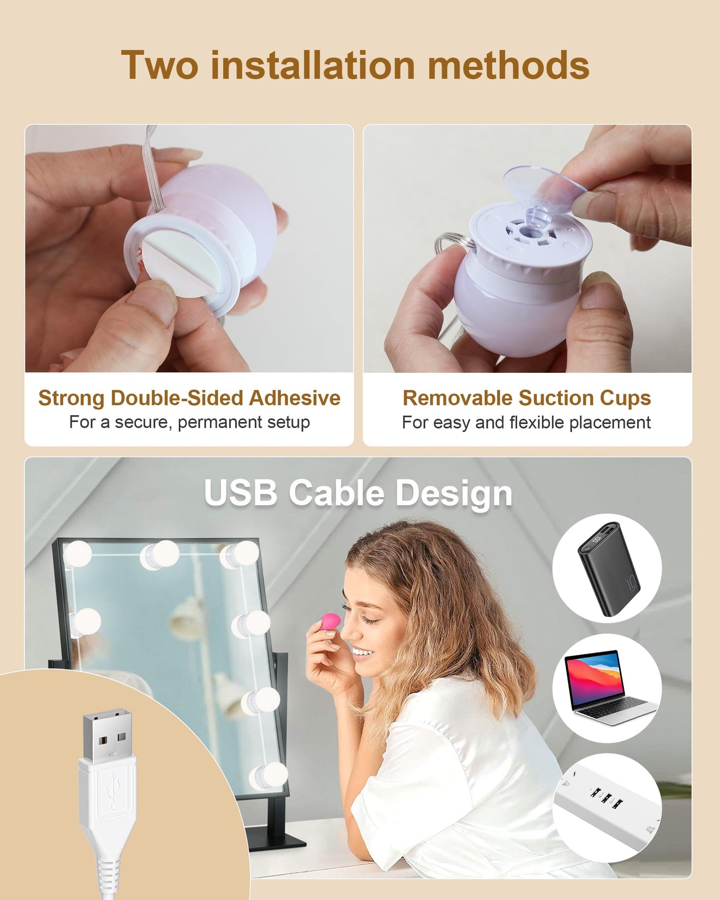 Yarnock 10 Bulbs LED Vanity Lights for Mirror, 3000K 4000K 6500K & 10-Brightness, Wire Length Adjustable, USB Cable, Hollywood Mirror Lights for Makeup Dressing Room Bathroom, White