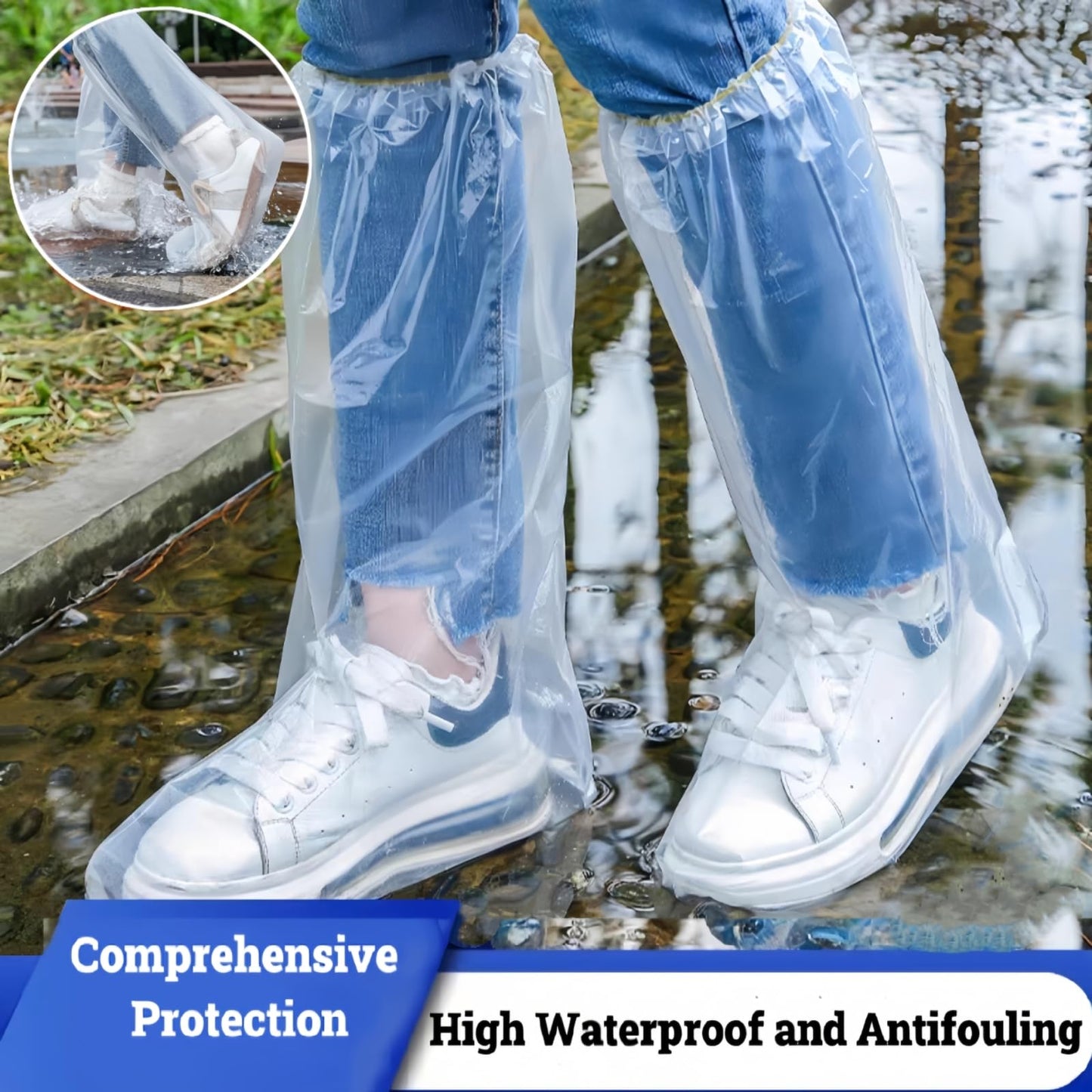 16 PCS Shoe Covers Disposable Non Slip,Thickened Waterproof Shoes Covers,19 inch Tall,Long Plastic Waterproof Shoes and Boots for Rain Covers Thicken Shoe Protector for Men and Women (8 Pairs,Clear)