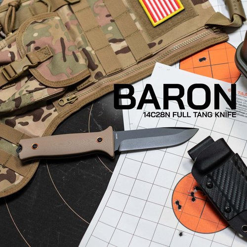 704 Gear Baron Fixed Blade Knife | 4.5 inch 14C28N Steel Full Tang Blade, Textured G10 Handle, and Kydex Sheath with Carrying Clip | Black
