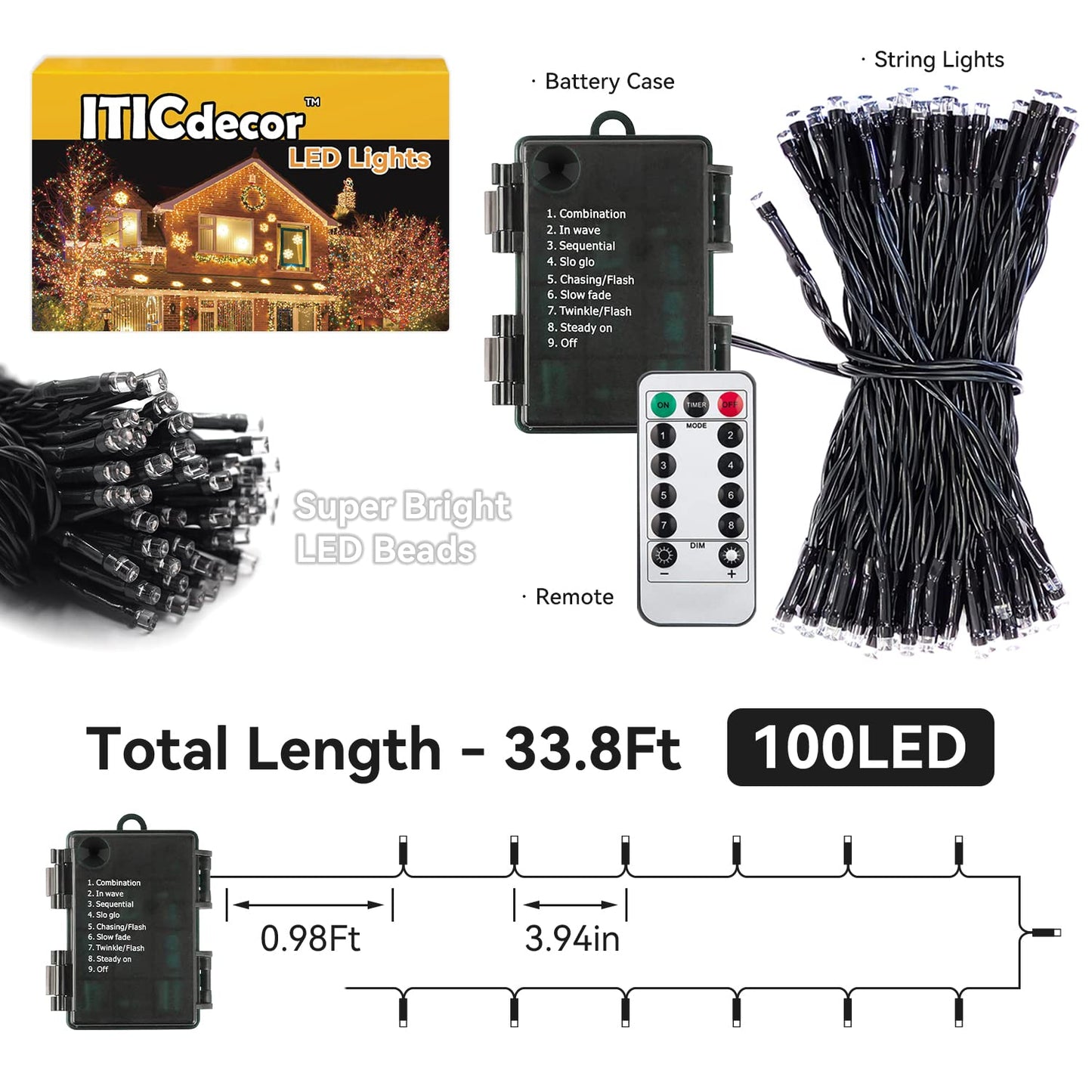 ITICdecor 33ft 100 LED Christmas String Lights, Waterproof Fairy Starry String Lights Battery Operated, 8 Modes Decorative Lights for Indoor Outdoor Xmas Tree Party Garden (Red)