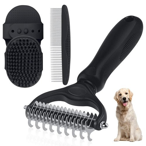Double-Sided Pet Grooming Rake - 4-in-1 Professional Grooming Kit for Dogs & Cats | Extra-Wide Dematting Tool (4PCS, Black)