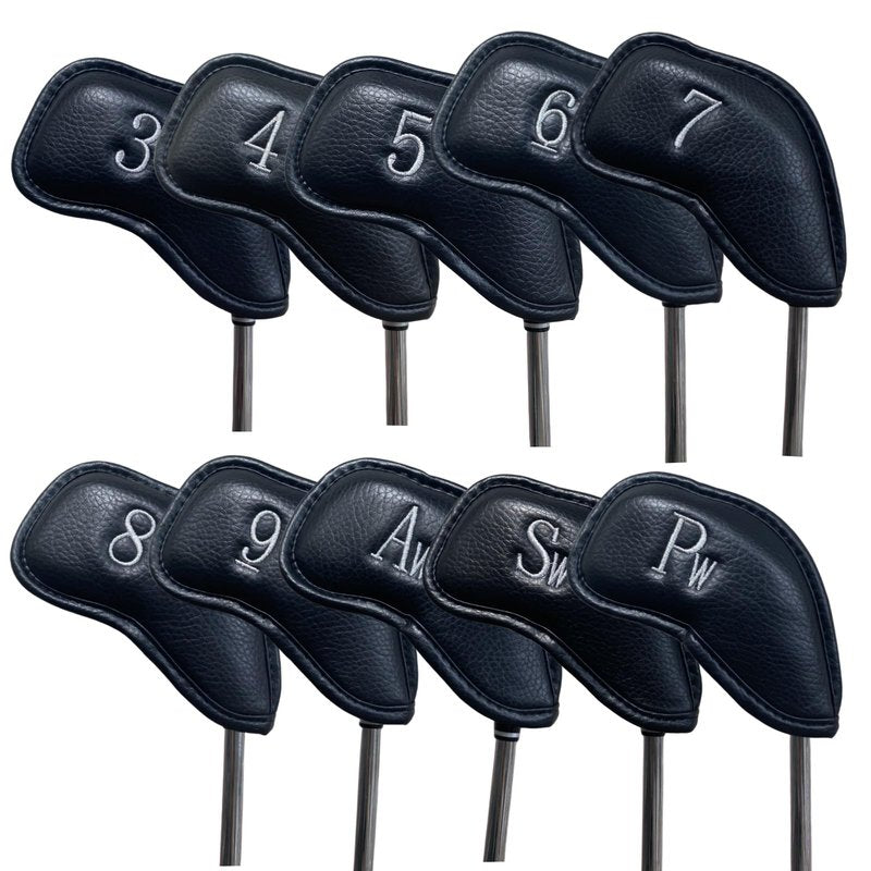 Premium PU Leather Golf Headcovers Set - 10pcs Skull Skeleton Iron Headcovers #3-9, PW, SW, AW - Black Club Protective Case