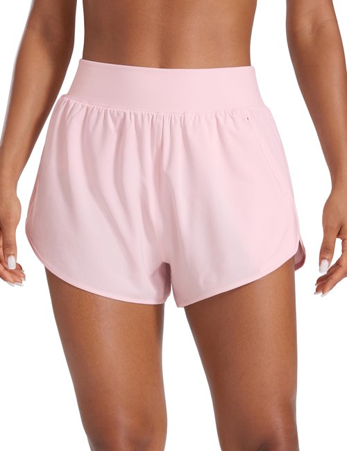 CRZ YOGA Dolphin Flat Waist Athletic Shorts for Women 3" - High Rise Quick Dry for Running Workout Gym Track with Zip Pockets Strawberry Pink Small