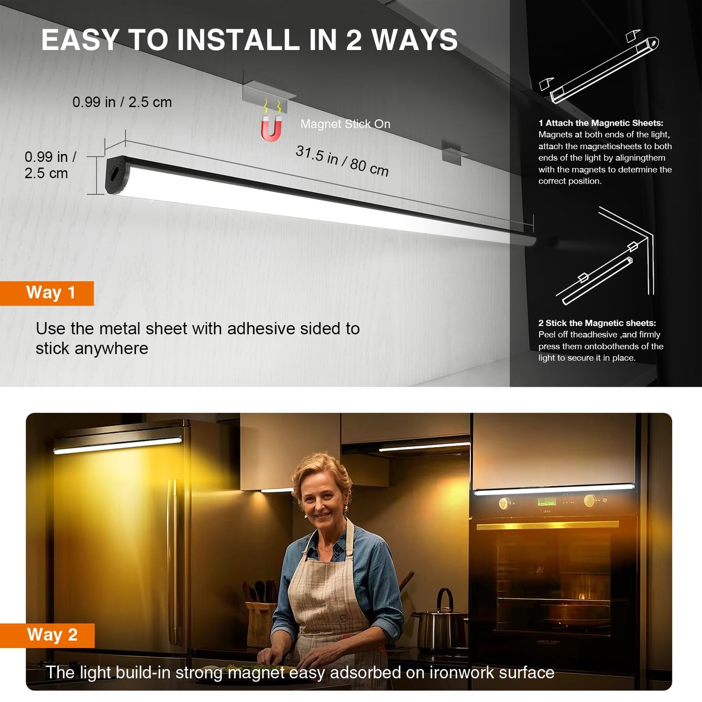 Under Cabinet Lighting Wireless with Remote,Rechargeable Battery Operated Closet Lights,3 Color Magnetic Dimmable led Strip Lights,Under Counter Lights for Kitchen,Shelf,Bedroom (Black-2PCS, 80cm)