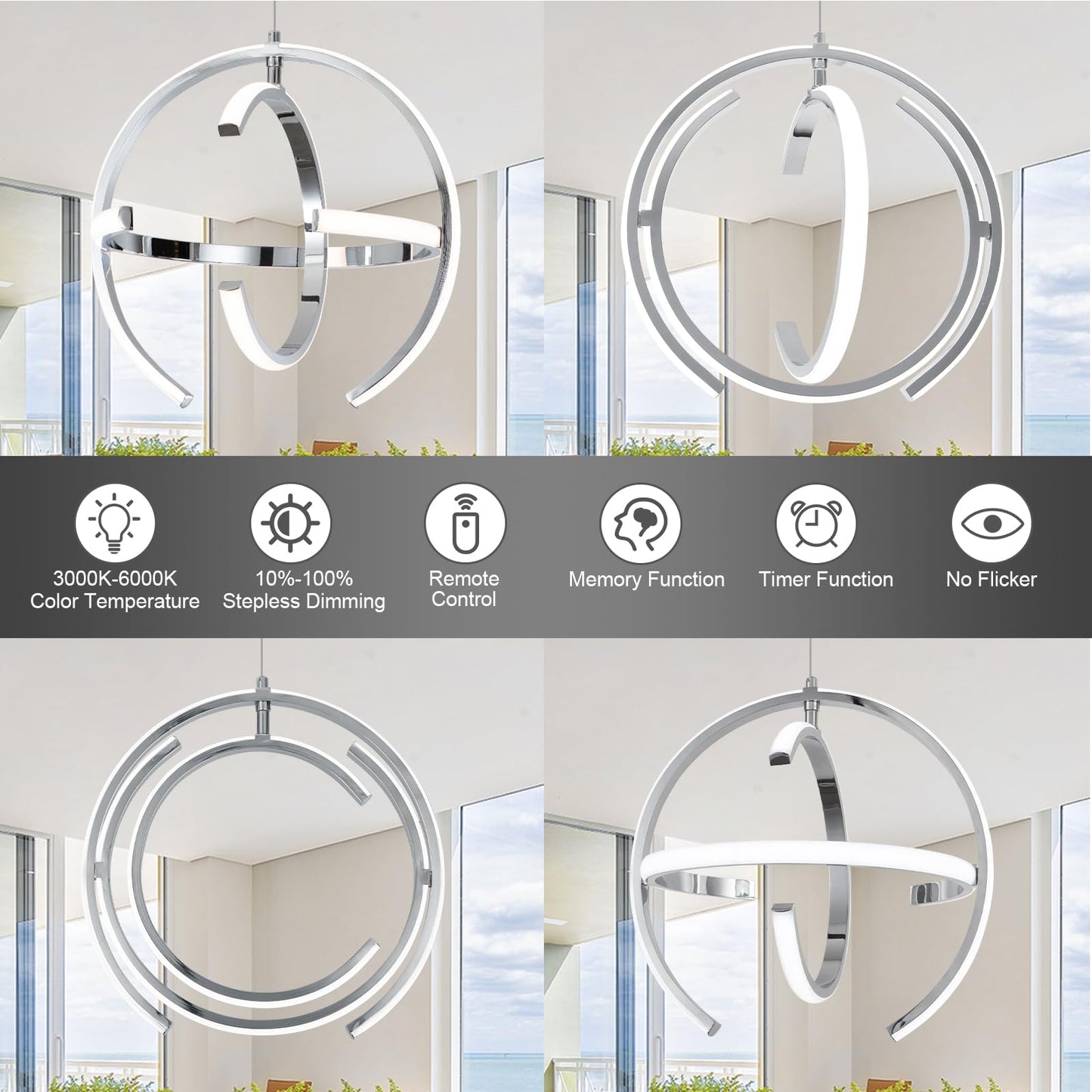 KELUOLY Chrome Modern LED Pendant Light, Silver Dimmable Metal Globe Chandelier, Hanging Ceiling Light Fixture for Room Dining Bedroom Living Room Kitchen Island Hallway Entryway Foyer 13 Inch