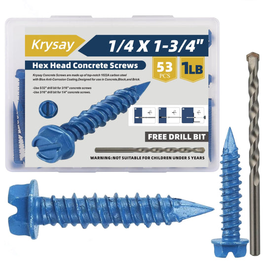 Krysay 53Pcs 1/4 x 1-3/4 in Concrete Screws with Drill bits,Masonry Screws for Concrete Assortment Kit,Hex Head Block Cement Stacoo Screws and Anchors,Diamond Point,Blue Coated(1LB)