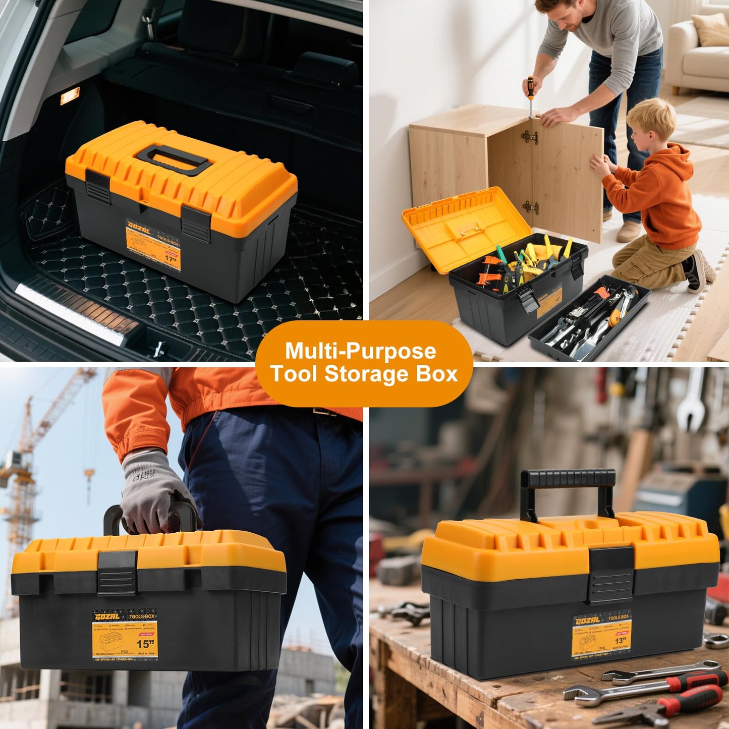 4-in-1 Toolbox Set – Stackable Tool Box Organizer with Removable Tray, Durable Tool Storage for DIY, Home Repair, Garage Tool Box, RV and Student Use (13/15/17/19 Inch)