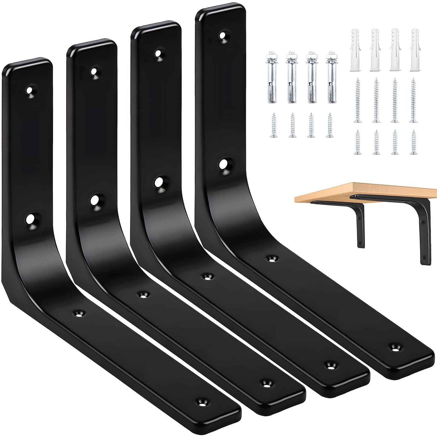 AISINYI 10" x 8" Metal Shelf Brackets, Heavy Duty L Hanging Angle Brackets, Iron Wall Bracket for Countertop Support, Corner Brace Joint, Black, 4 PCS