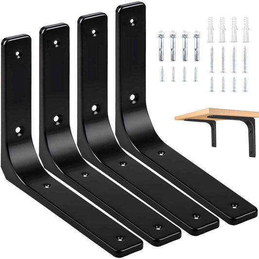 AISINYI 10" x 8" Metal Shelf Brackets, Heavy Duty L Hanging Angle Brackets, Iron Wall Bracket for Countertop Support, Corner Brace Joint, Black, 4 PCS