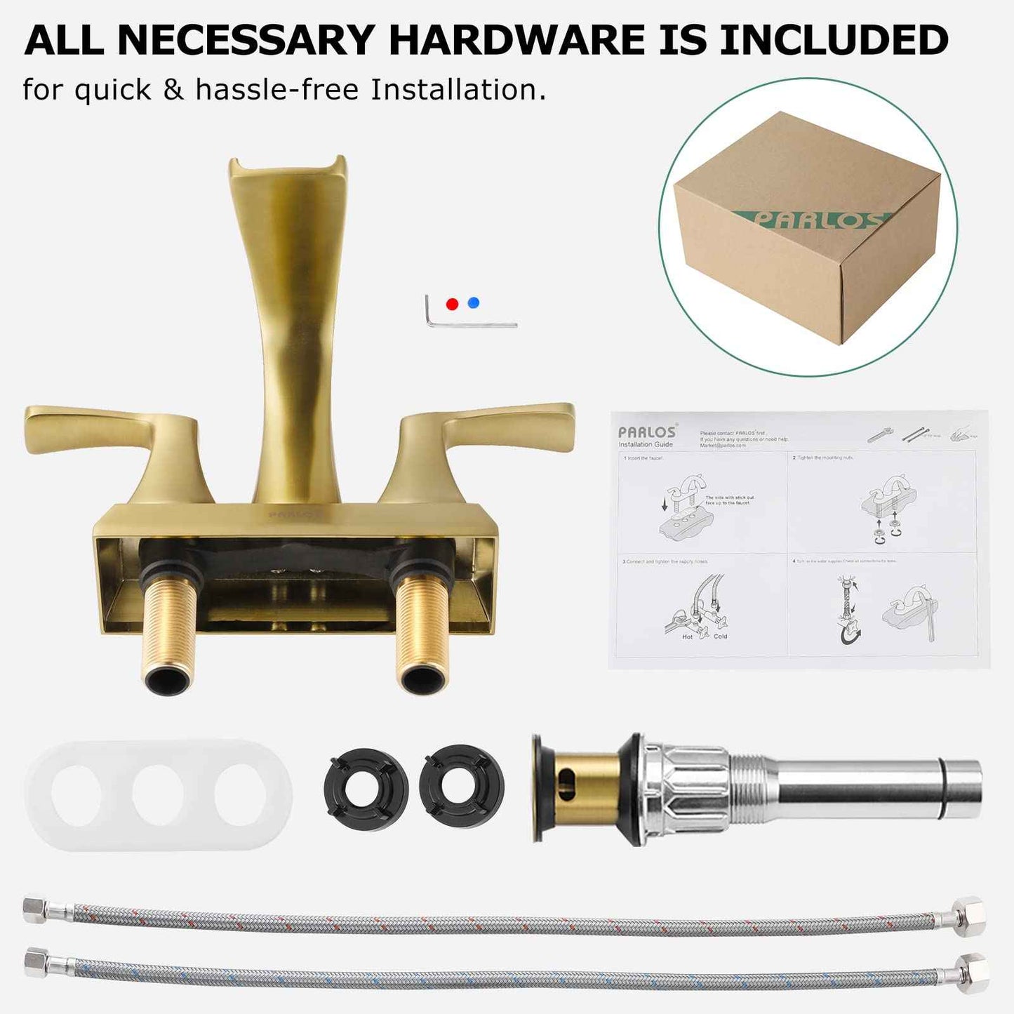 PARLOS 2 Handles Waterfall Bathroom Faucet with Metal Pop-up Drain and Faucet Supply Lines, Brushed Gold, Doris 1406808