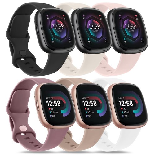 Vancle Bands for Fitbit Versa 4 / 3, Sense 2 Bands - Women Men 6 Pack, Classic Soft Sport Replacement Strap for Fitbit Smart Watch (Black, Starlight, Light Pink, Milk Tea, Smoky Purple, White, Large)