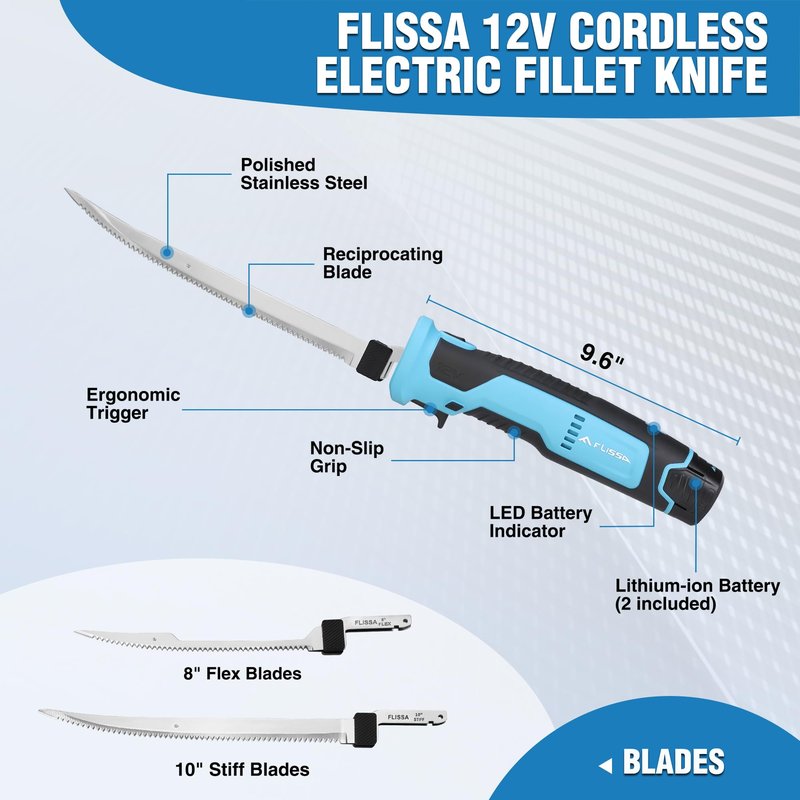 FLISSA Cordless Electric Fillet Knife for Fish with 8" and 10" Stainless Steel Blades, 12V Rechargeable Electric Knife with Non-Slip Handle, 2 Packs Long Lasting Lithium-ion Battery, Portable Carry Case