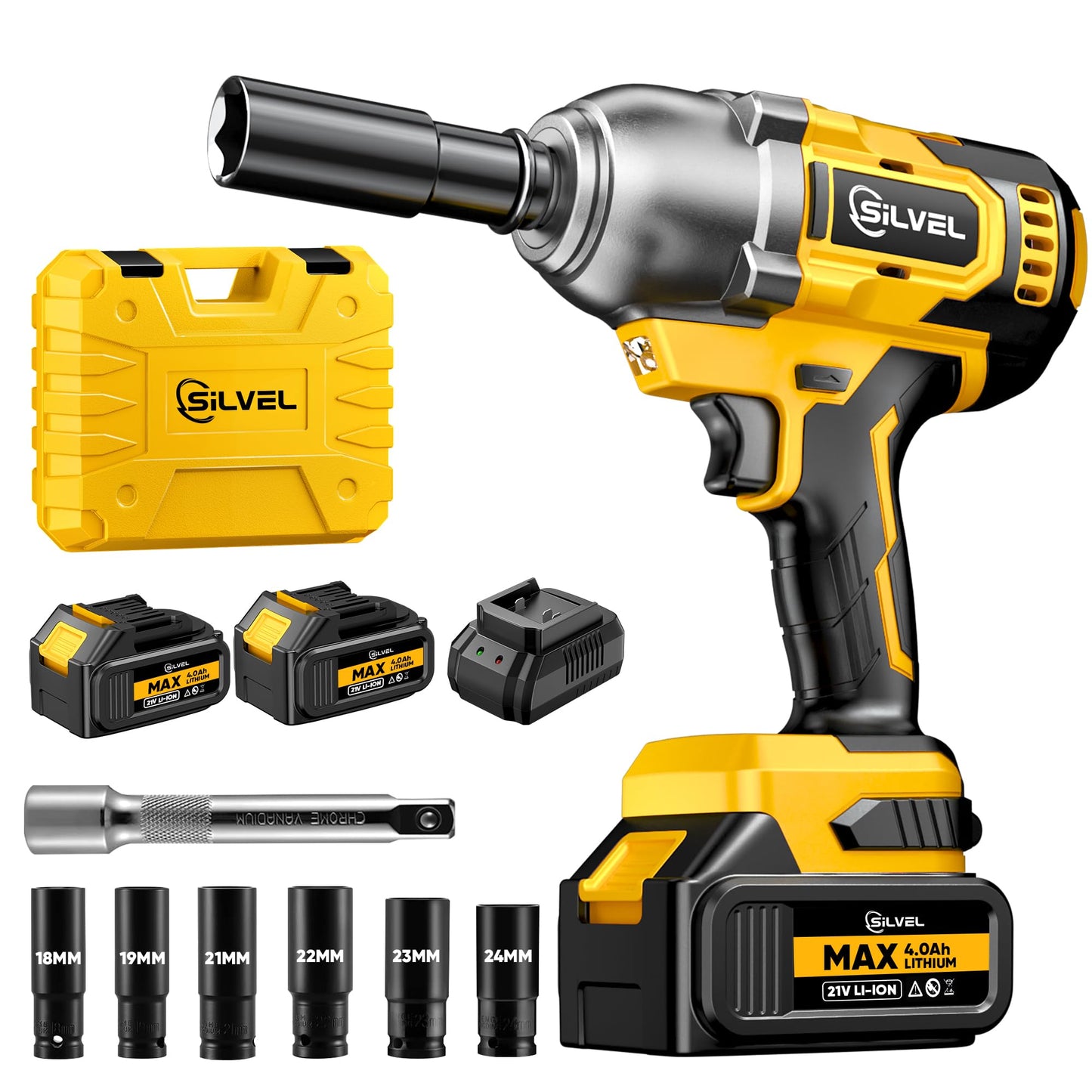 SILVEL Cordless Impact Wrench, 480 Ft-lbs (650N.m) Impact Gun 1/2 inch, 2 * 4.0Ah Battery Powered Brushless Impact Wrench with 6 Sockets, Fast Charger