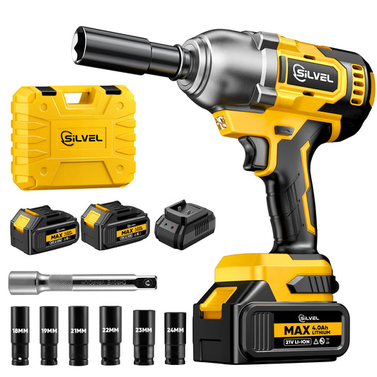 SILVEL Cordless Impact Wrench, 480 Ft-lbs (650N.m) Impact Gun 1/2 inch, 2 * 4.0Ah Battery Powered Brushless Impact Wrench with 6 Sockets, Fast Charger