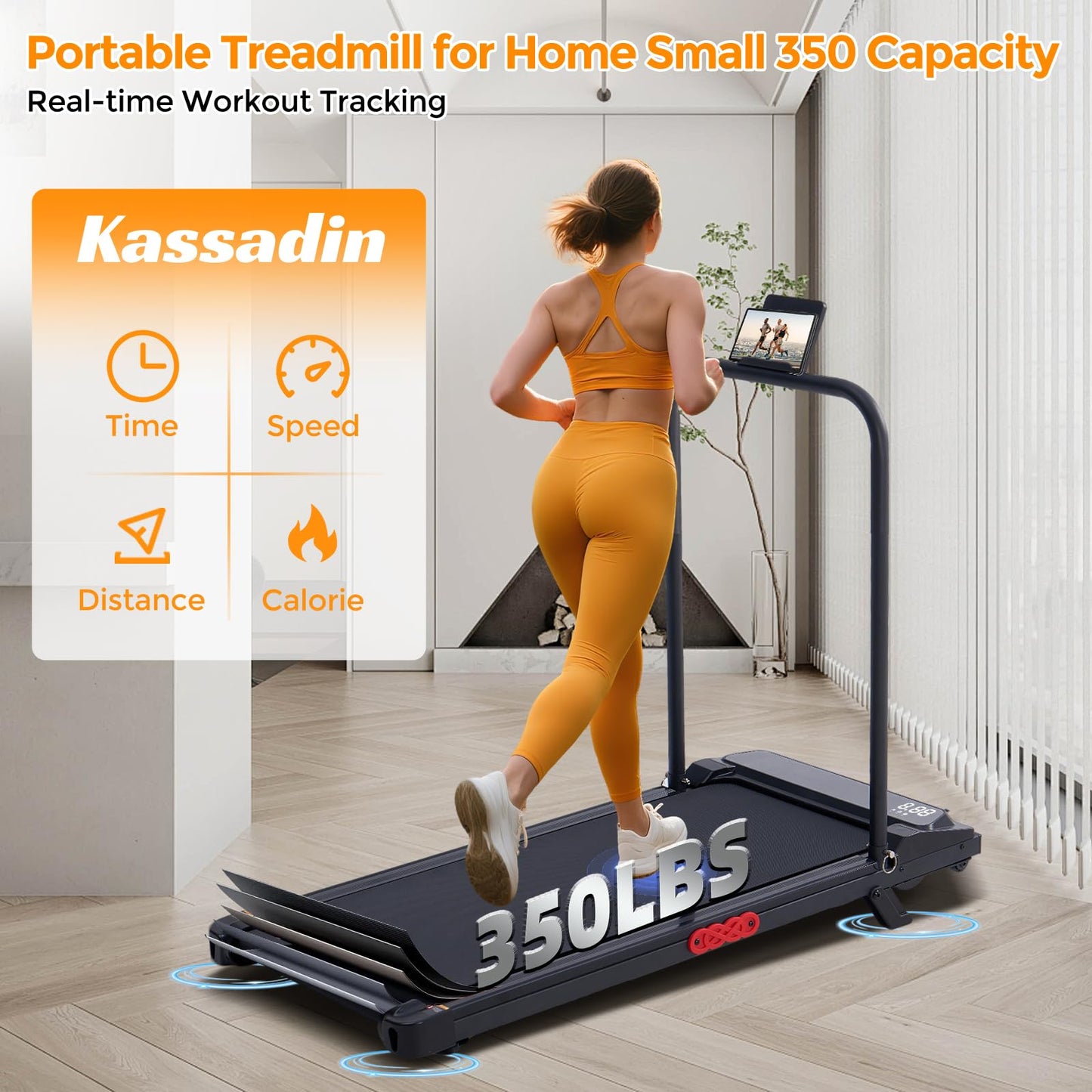 KASSADIN Electric Walking Pad Treadmill with Handle Bar Incline for Home