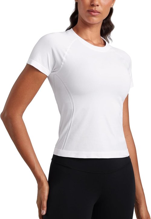 CRZ YOGA Seamless Workout Tops for Women - Breathable Short Sleeve Athletic Shirts | Waist Length