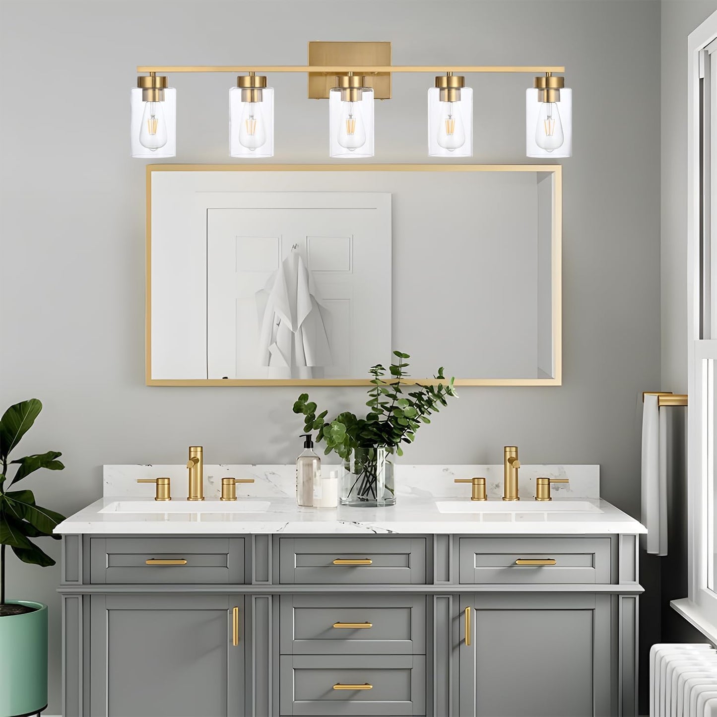 Modern 3-Light Bathroom Vanity Light in Brushed Gold with Clear Glass Shades
