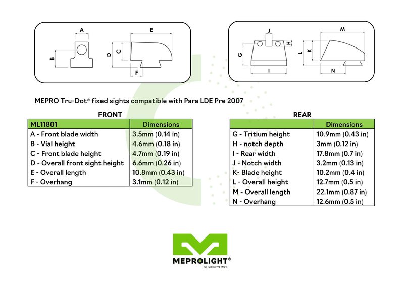 Meprolight Tru-Dot para LDA Pre-2007 Green/Green Fixed Pistol Sight Set (0118013101)