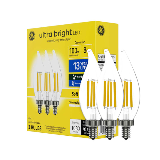 GE Ultra Bright LED Light Bulbs, 100W, Soft White Candle Lights, Clear Decorative CA12 Light Bulbs, Candelabara Base (3 Pack)