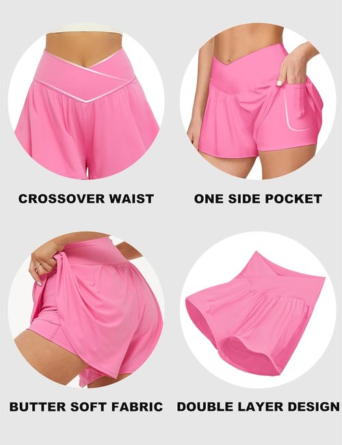 FireSwan Women's Crossover Athletic Shorts - 2-in-1 Flowy Running Skorts with Pockets & Spandex