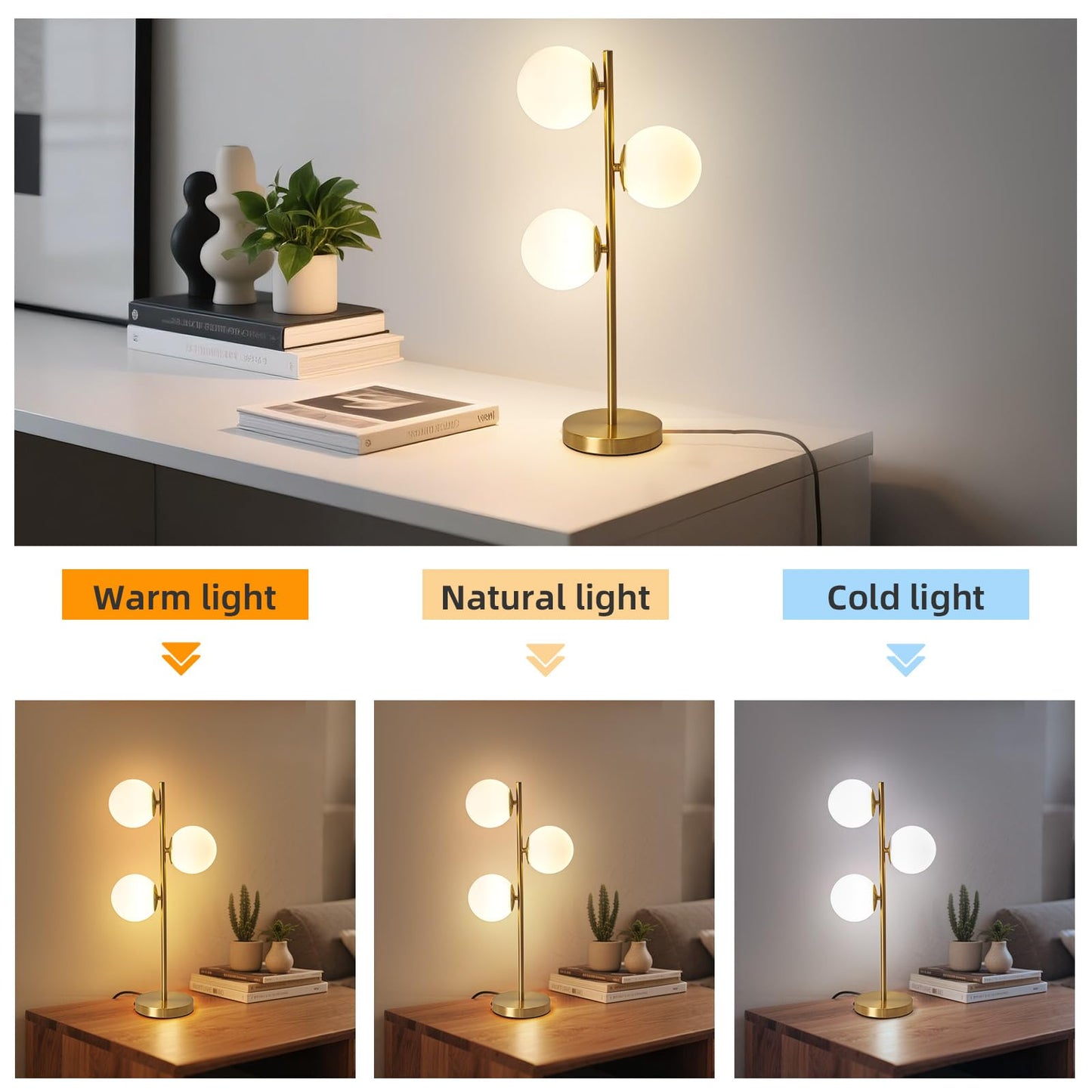 Kardleen Mid Century Modern Table Lamp White Glass Shade Nightstand Light for Bedroom Offices 3 Globe Table lamp Gold LED lamp