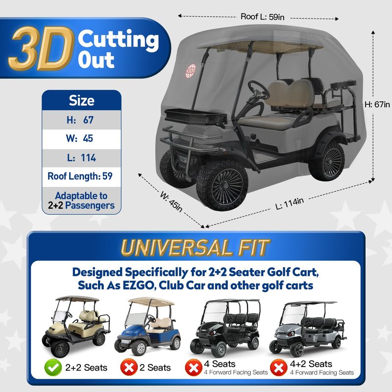 NOKINS 420D Waterproof 2+2 Specialized Golf Cart Cover,Oxford Fabric Cover Fit for Most Standard 2+2 Seater Golf Cart EZGO, Club Car, Protects Your Car from Wind and Rain,Black