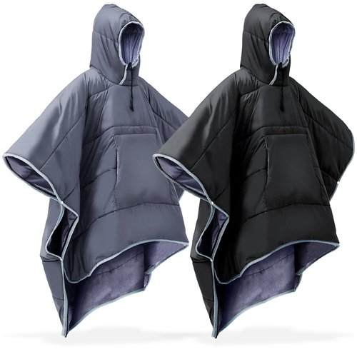 Preboun 2 Pcs Thermal Poncho Wearable Hooded Blanket Winter Poncho Wearable Sleeping Bag Water Resistant Windproof for Men Women (Black, Dark Grey)