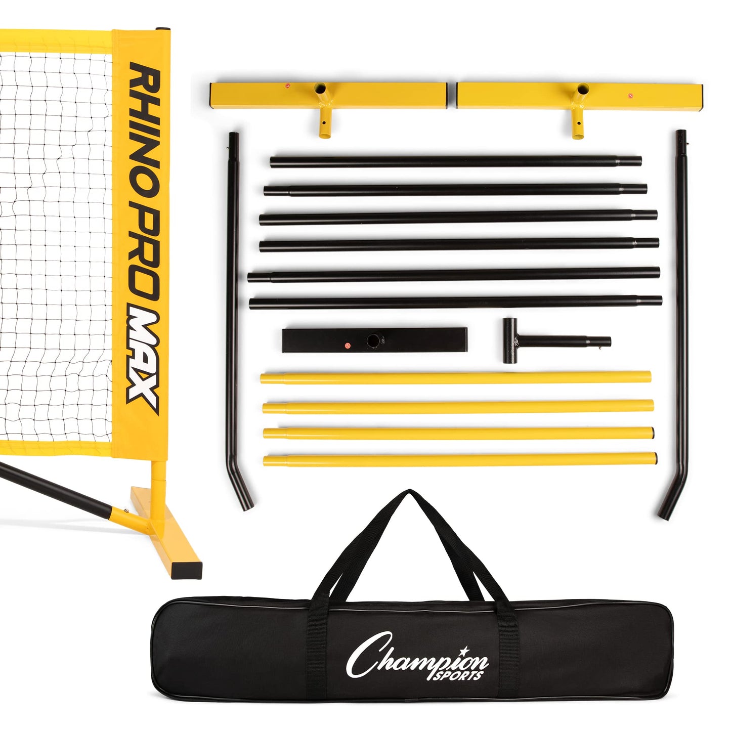 Champion Sports RHINO Port-A-Net Set – 10' Adjustable Racquet Sport Net with Carry Bag, Portable Steel Frame Net System for Pickleball, Tennis, Badminton & Volleyball - 33" to 66" Height
