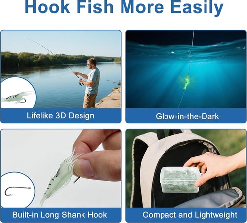 Keenjorika Glow in the Dark Shrimp Lure - Realistic 1.8" Night Fishing Bait for Bass, Trout & More