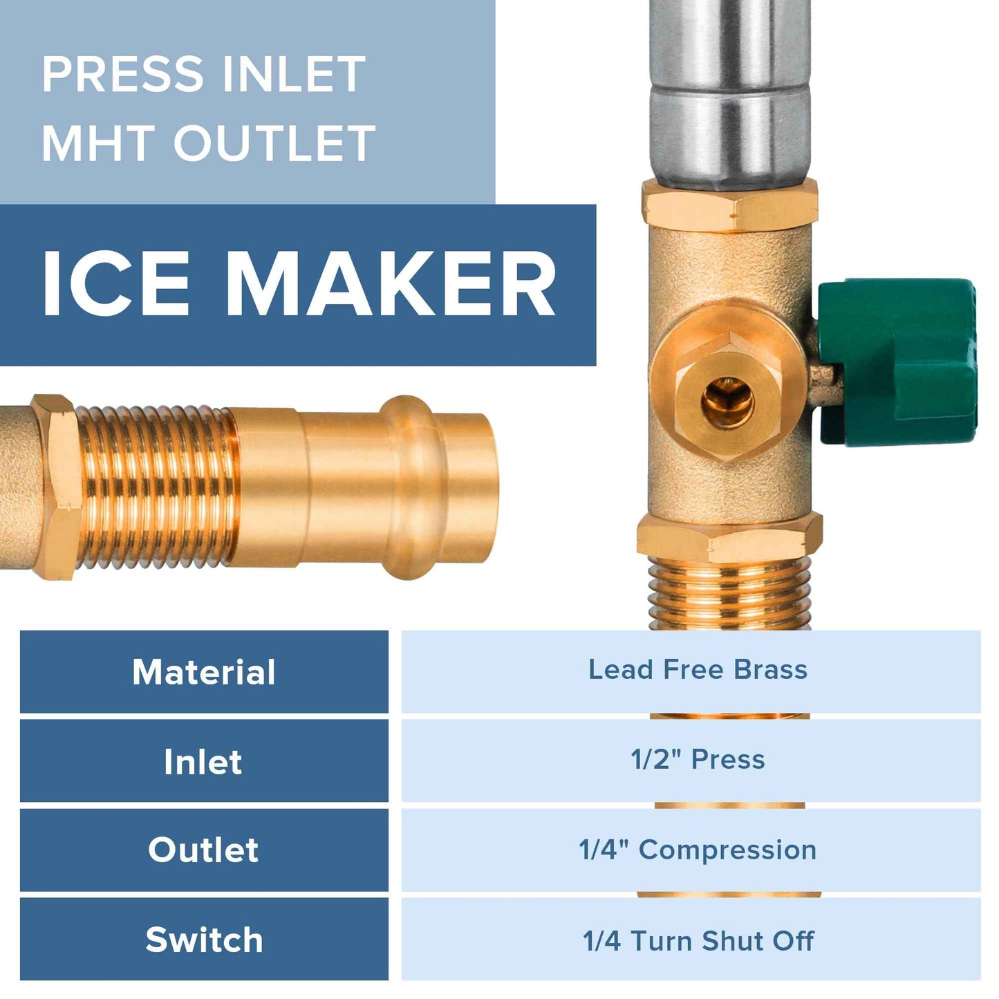 SECKWHALE Ice Maker Outlet Box with Water Hammer Arrestor, 1/2-Inch Press x 1/4-Inch OD Compression with 1/4-Turn Ball Valve, Ice Maker Valve Wall Box with Faucet, Absorb Shock and Reduce Noise