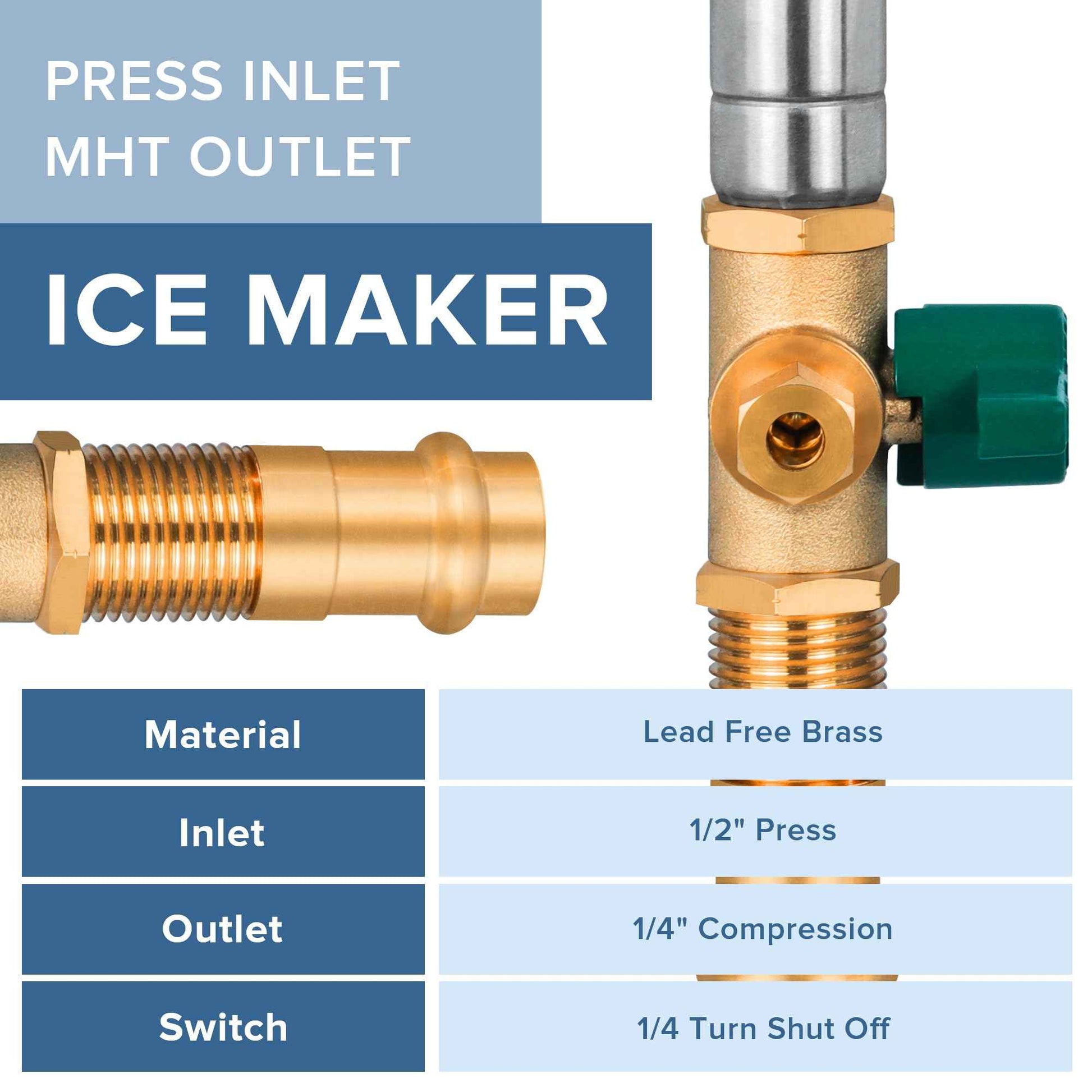 SECKWHALE Ice Maker Outlet Box with Water Hammer Arrestor, 1/2-Inch Press x 1/4-Inch OD Compression with 1/4-Turn Ball Valve, Ice Maker Valve Wall Box with Faucet, Absorb Shock and Reduce Noise