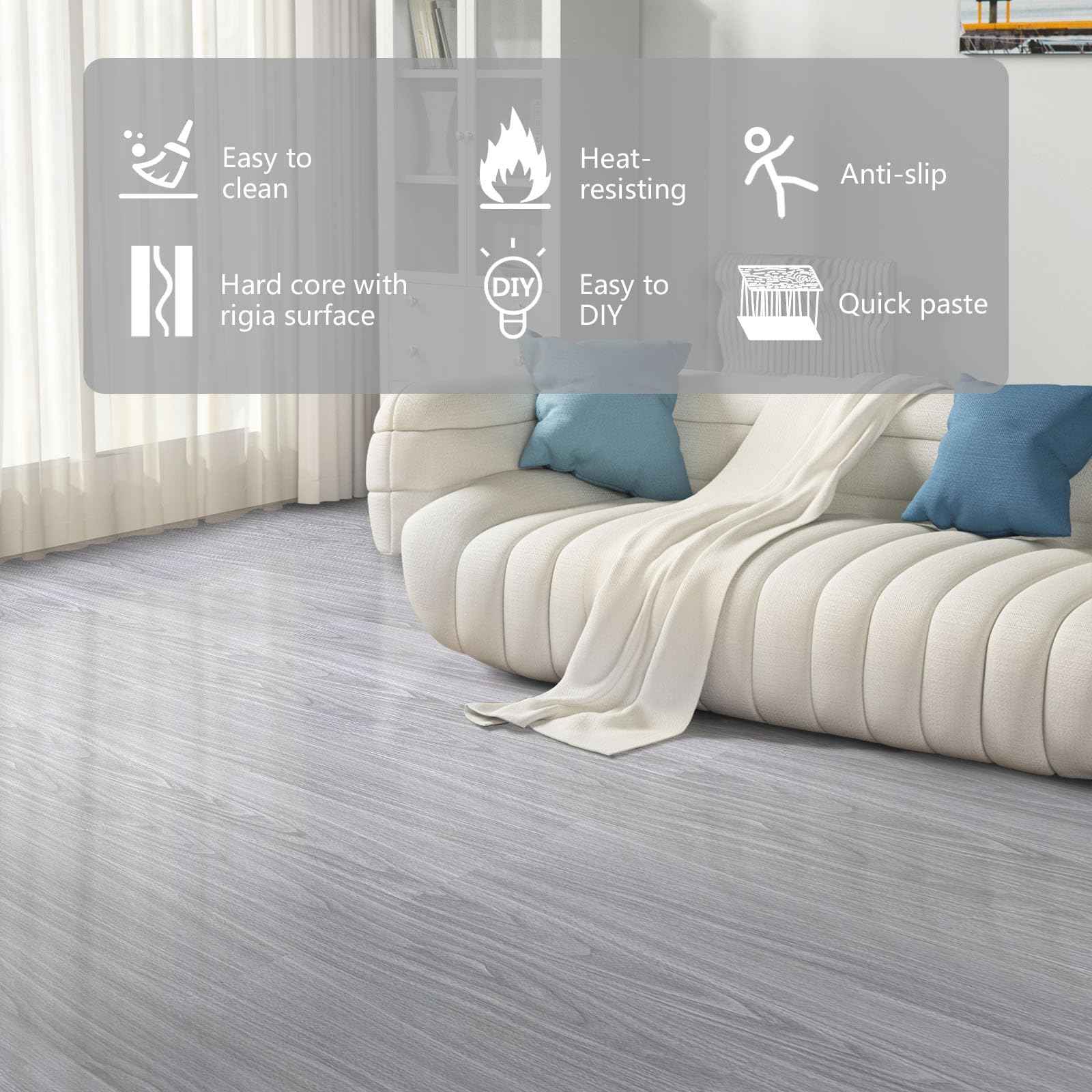 Qianglive Light Grey Peel and Stick Floor Tile 36-Pack 54 Sq.Ft Luxury Thicken Vinyl Wood Plank Self Adhesive Waterproof DIY Flooring for Bedroom Bathroom Living Room