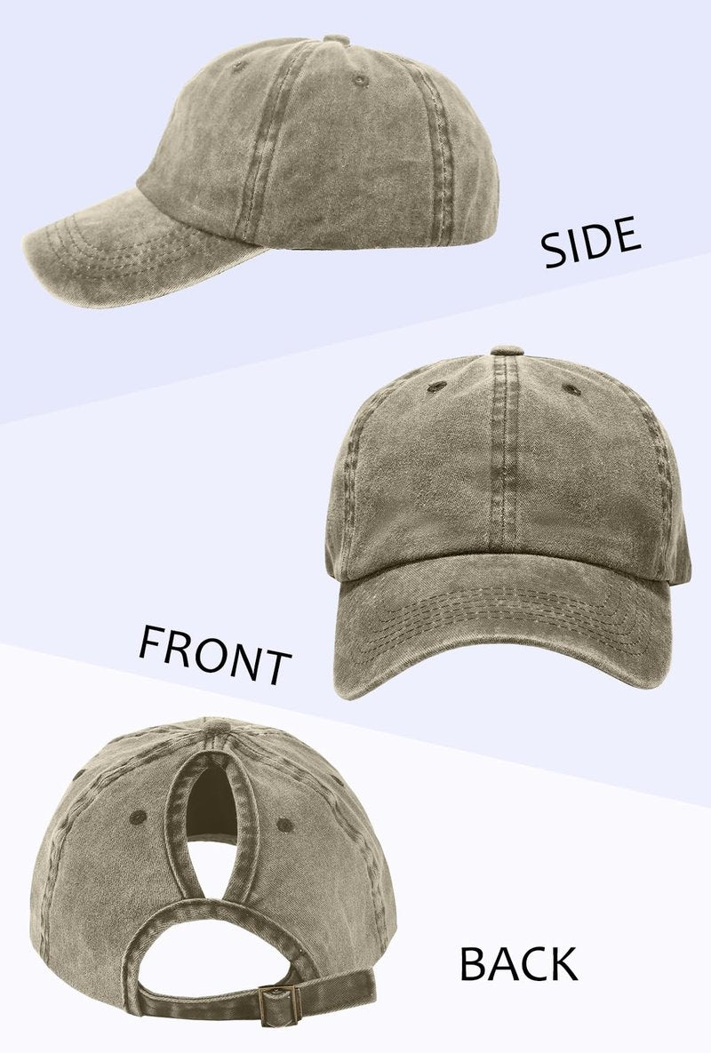 ZEXIAN 3 Pack Womens Vintage Washed Distressed Baseball-Cap with Ponytail Hole Sport Golf Hat (Black+Green+Khaki)