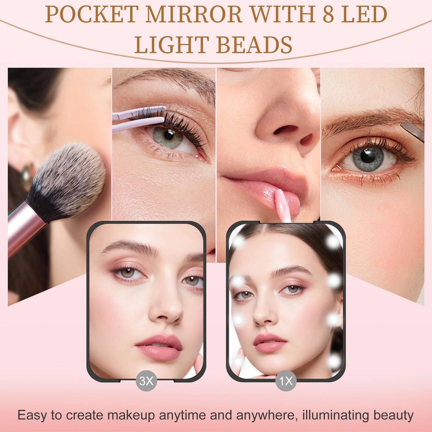 Kakuje Compact Mirror, 1X/3X Magnification LED Pocket Mirror with Nternal BIattery, Mini Mirror for Purse, Pocket,Travel and Present (Black)