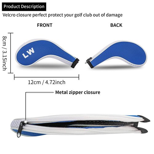 Golf Club 12pcs Thick Synthetic Zipper Long Neck Set Headcover Fit The Most Brands, Side Number Golf Iron Club Head Cover LW SW PW Covers #3,4,5,6,7,8,9