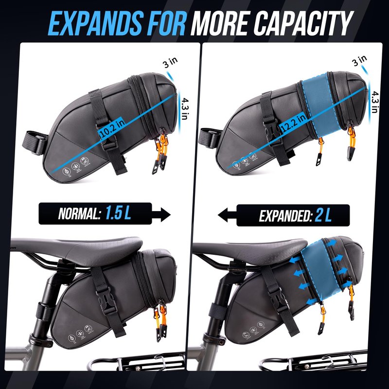 WOTOW Bike Saddle Bag - Waterproof Bike Seat Bag Expandable to 2L - Reflective Bicycle Under Seat Storage Pouch for Road Mountain Bike Cycling Travel