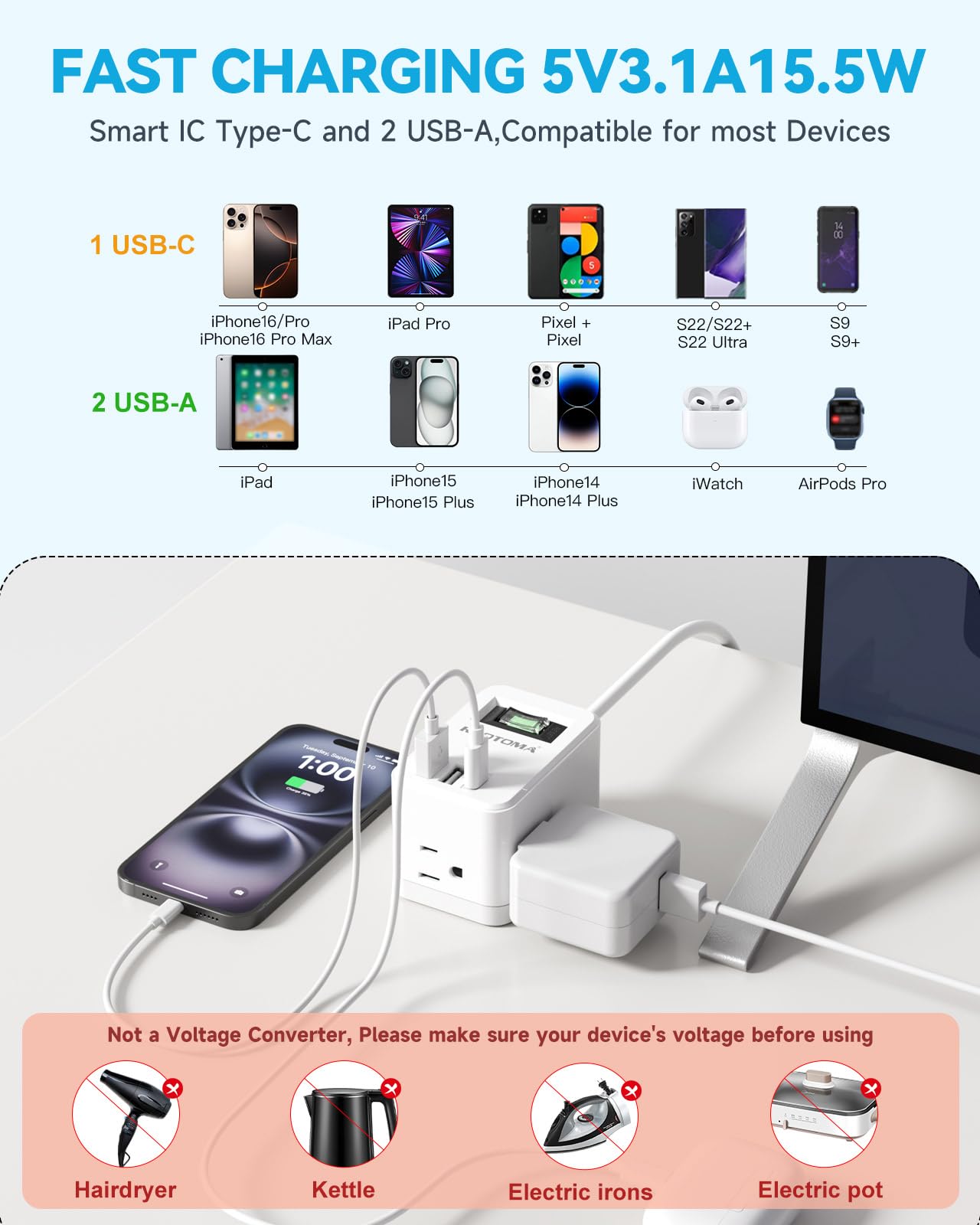 6ft Small Extension Cord, Cruise Approved Outlet, 3-Side Outlet Extender, Power Strip Cube with 3 Outlets 3 USB Ports (1 USB C), Non Surge Protector for Travel