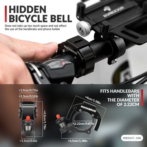 ROCKBROS Bike Bells Hidden MTB Bells Bicycle Bells for 22.2mm Handlebars, More Than 100dB, Clear & Long Sound Ringer, Mountain Bike, Scooter, Youth Bike, Black