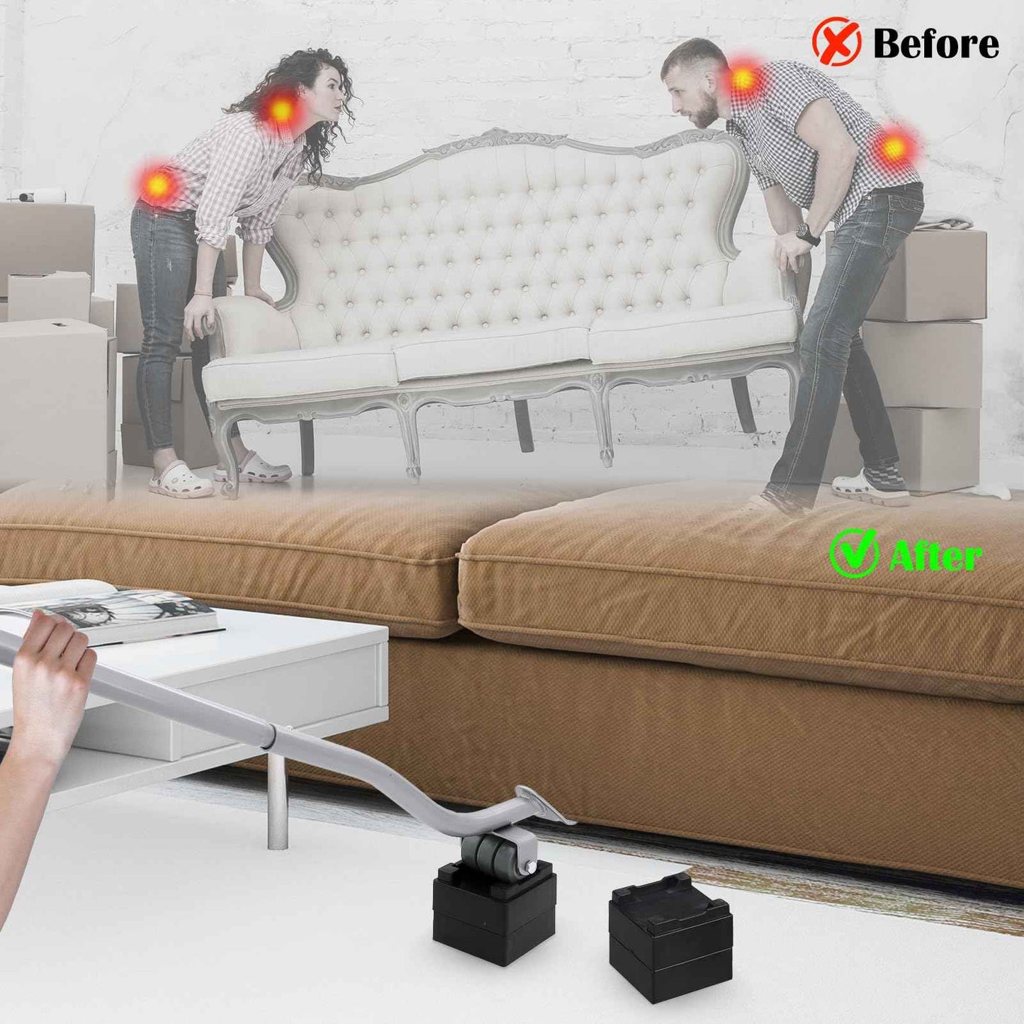 Furniture Lifter Tool, Appliance Furniture Metal Lifters for Heavy Furniture Movers Sliders Wheels Easily Safe to Move Sofa Refrigerator Washing Machine (1 Lifter Tool 4 Raise Blocks) Grey