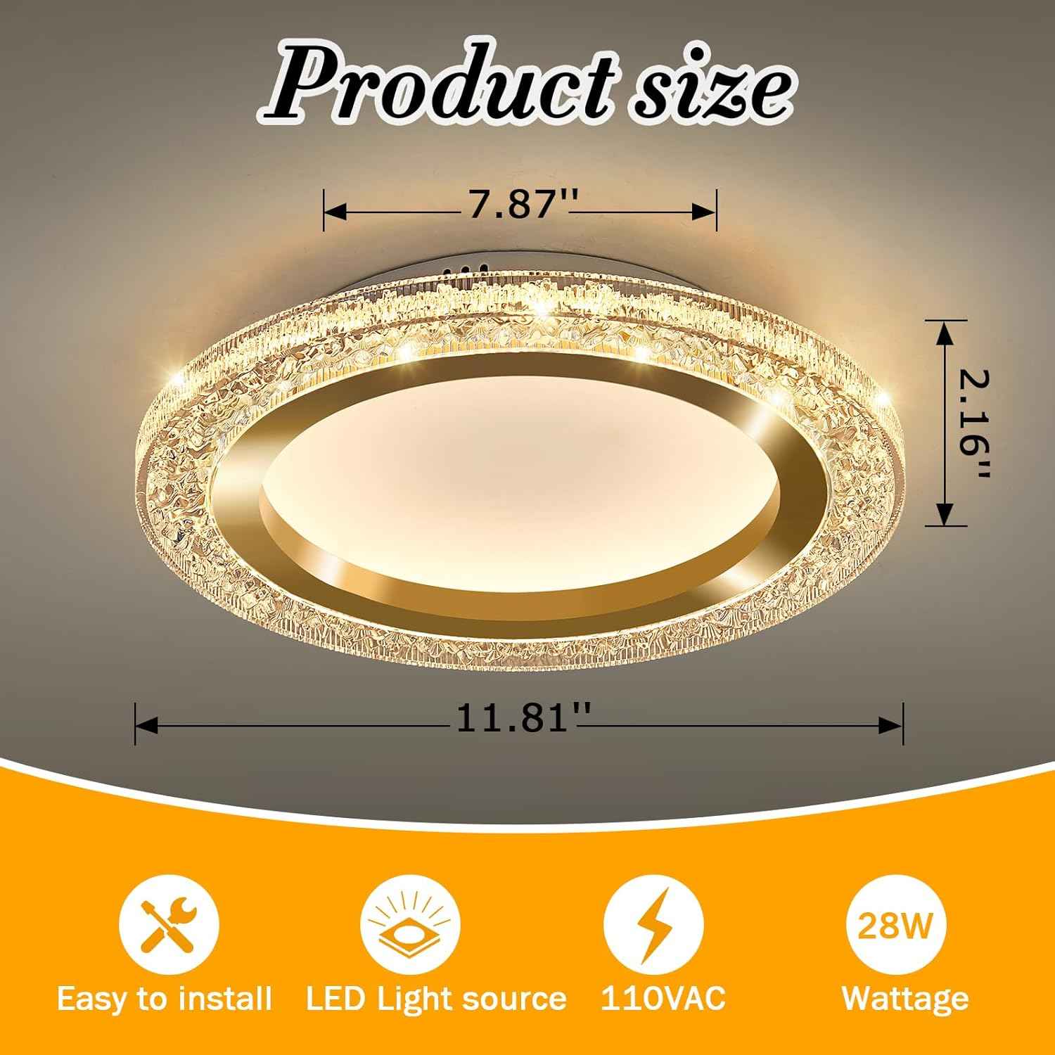 28W Gold LED Flush Mount Ceiling Light - 12" Modern Round Fixture for Bedroom, Kitchen, Bathroom