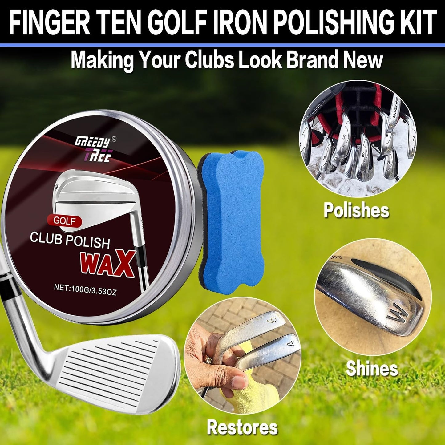 Golf Club Polish Kit & Golf Club Head and Groove Cleaner Kit - Removes Rust, Oxidation & Dirt - 3.53 oz Non-Abrasive Long Lasting Metal Polishing Paste for Aluminum, Chrome & Steel, with Sponge Pad